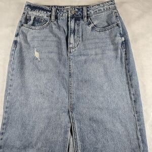 NWT Hidden Peyton Denim Midi Skirt Small Light Wash Front Slit Raw Hem